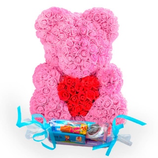 Мишка из роз "Розовый с сердцем"