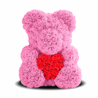 Мишка из роз "Розовый с сердцем"