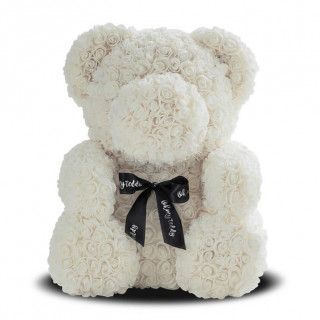Мишка из роз "Белый с лентой" с Подарочной конфетой